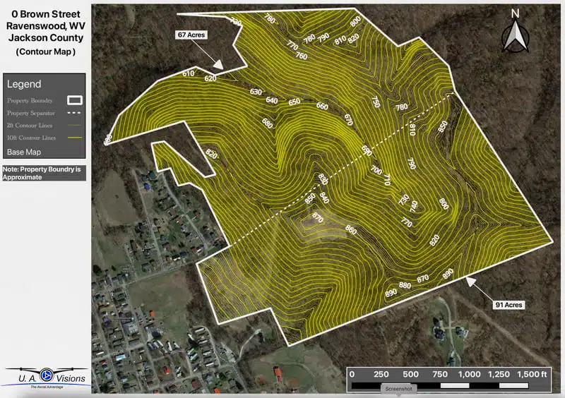Contour map showing property elevations on Brown Street in Ravenswood, WV, highlighting 67 and 91-acre plots.