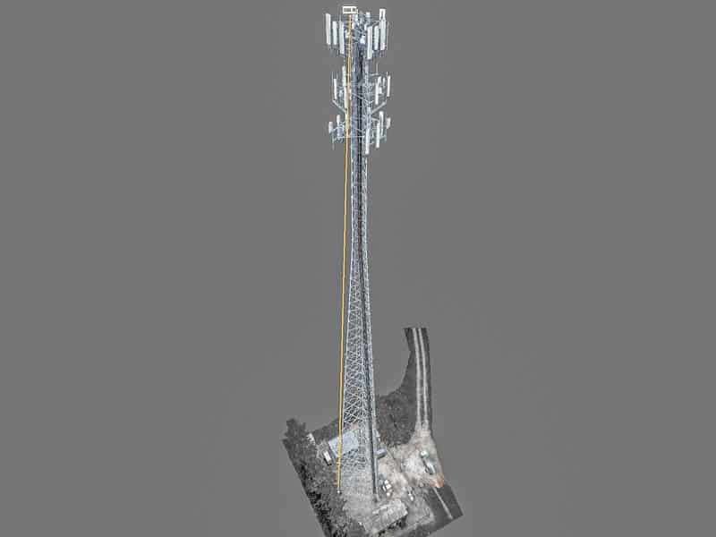 3D grayscale model of cell tower displaying precise height measurement for structural analysis.