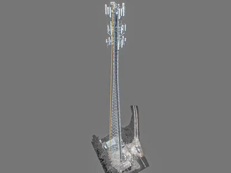 3D grayscale model of cell tower displaying precise height measurement for structural analysis.