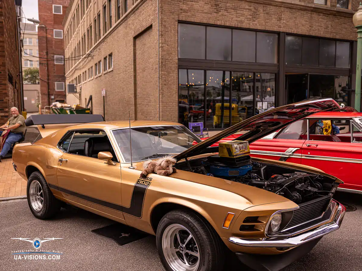 Gold Mustang on display with whimsical touches, surrounded by classic cars and companions on a lively street.