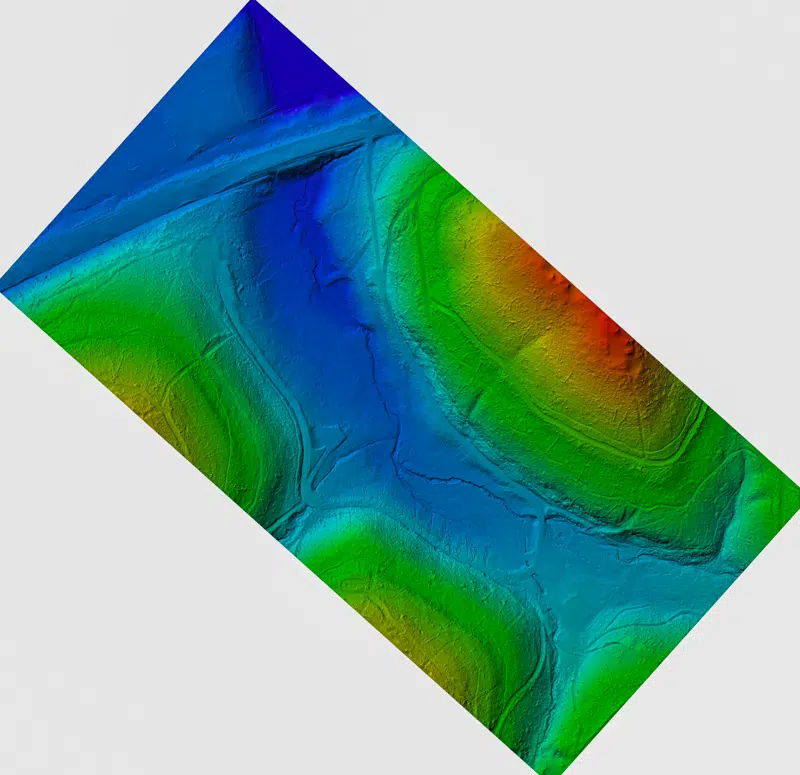 Digital terrain model of a landscape created using drone data and Agisoft Metashape Pro software.