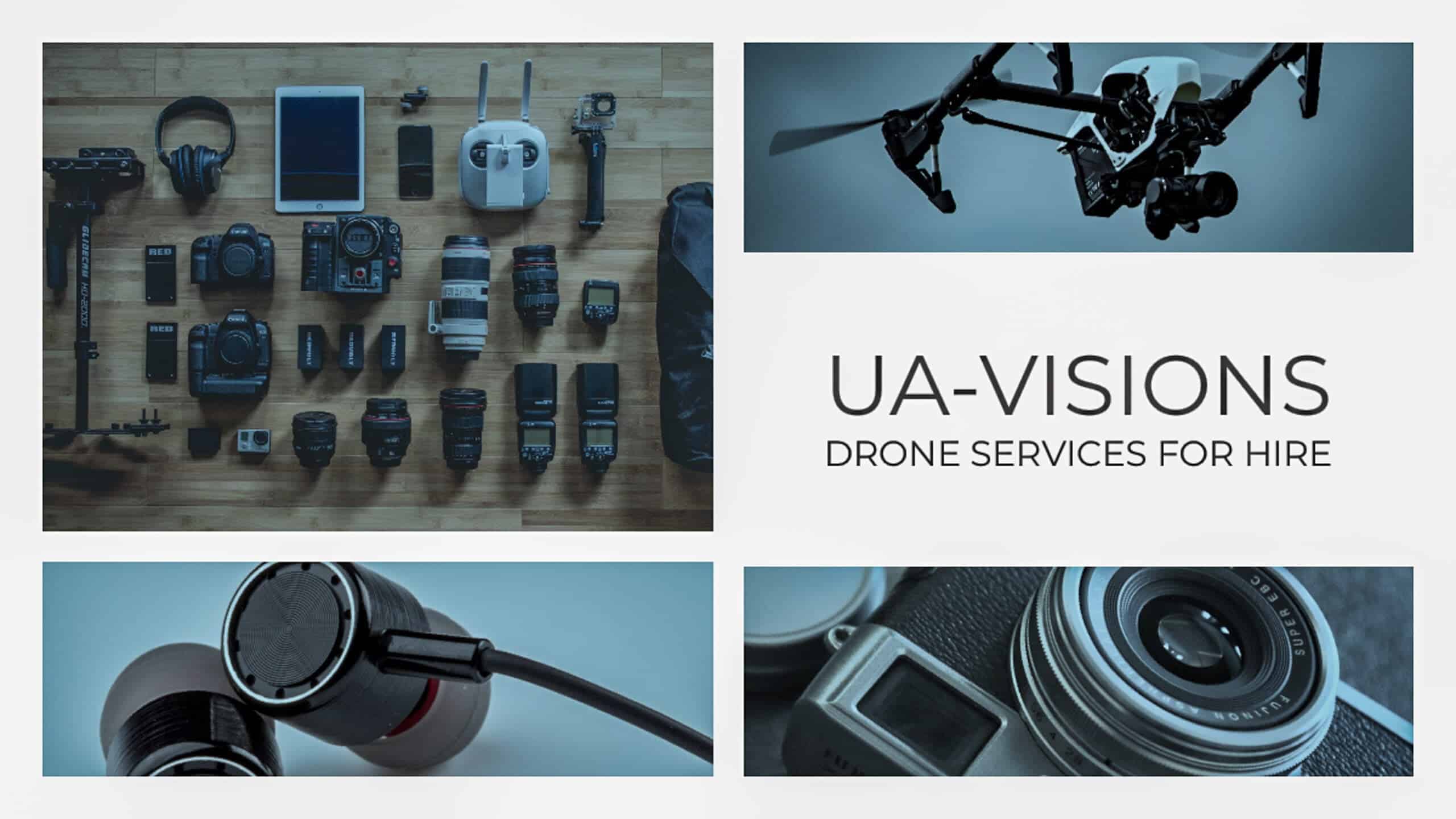 Portfolio Banner showcasing 'UA Visions: Drone Services for Hire' with a professional setup including an iPad and camera equipment.