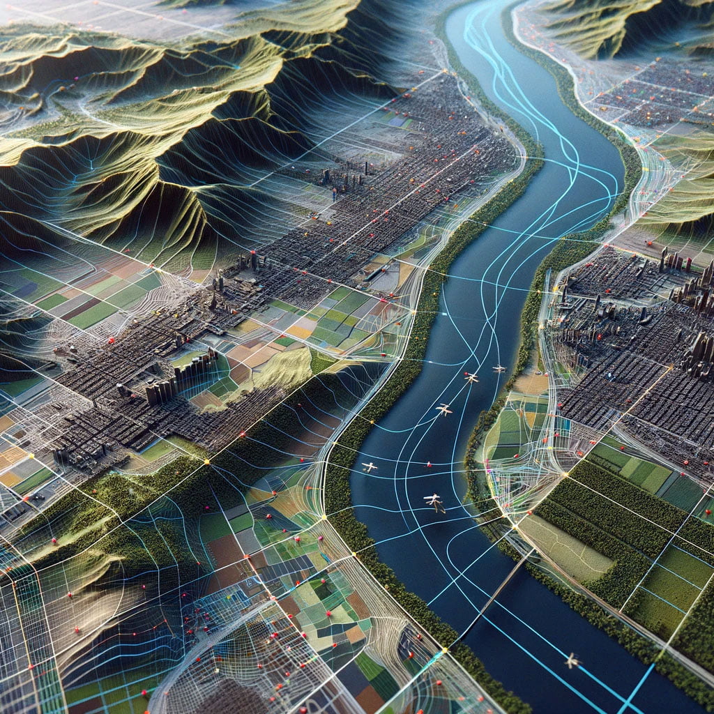 Detailed 3D map of a diverse landscape including a river, urban infrastructure, and forested areas, marked with a data grid from a drone photogrammetry survey.