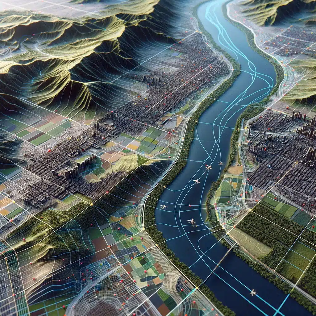 Accurate Maps with Drones: Detailed 3D map of a diverse landscape including a river, urban infrastructure, and forested areas, marked with a data grid from a drone photogrammetry survey.