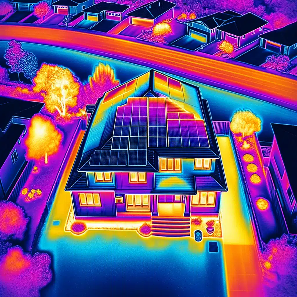 Aerial thermal image of a house roof with solar panels, displaying heat signatures in vibrant thermal colors ranging from cool purples to warm yellows and reds.
