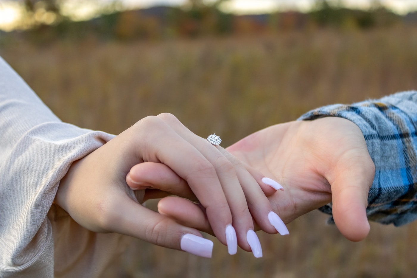 Close-up of engaged couple holding hands, showcasing the engagement ring in a field in Charleston, WV.