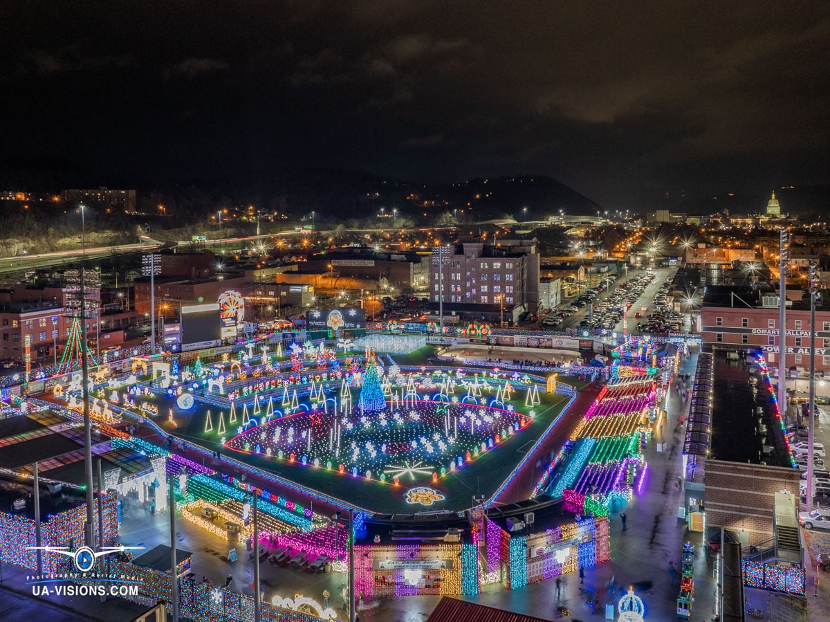 UA-Visions captures the essence of the holiday season with a panoramic view of Charleston's GoMart Ballpark, aglow with vibrant holiday lights. This image is a feast for the eyes, showcasing professional drone photography at its most festive.