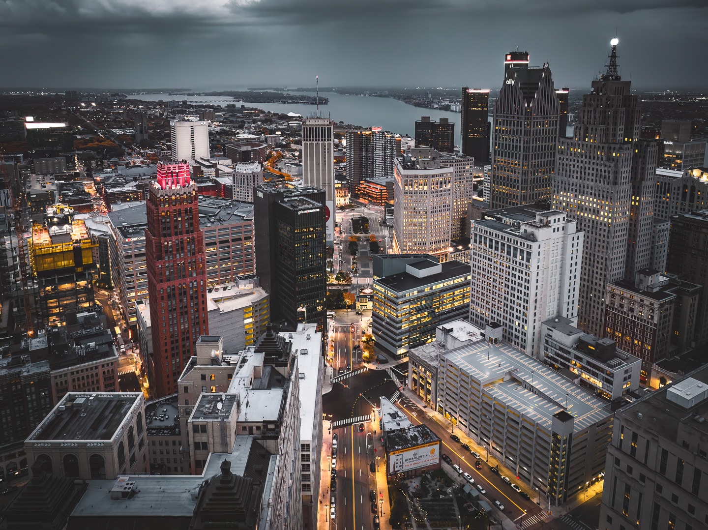 Aerial view of downtown Detroit, MI on an overcast evening