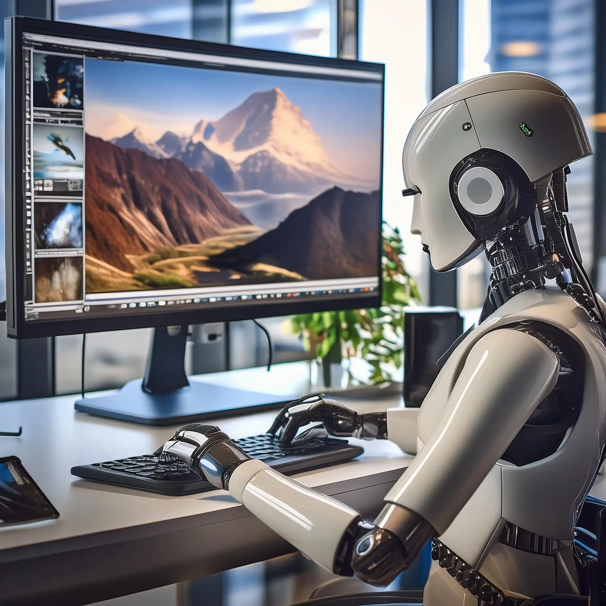A robot sitting at a computer editing a photo