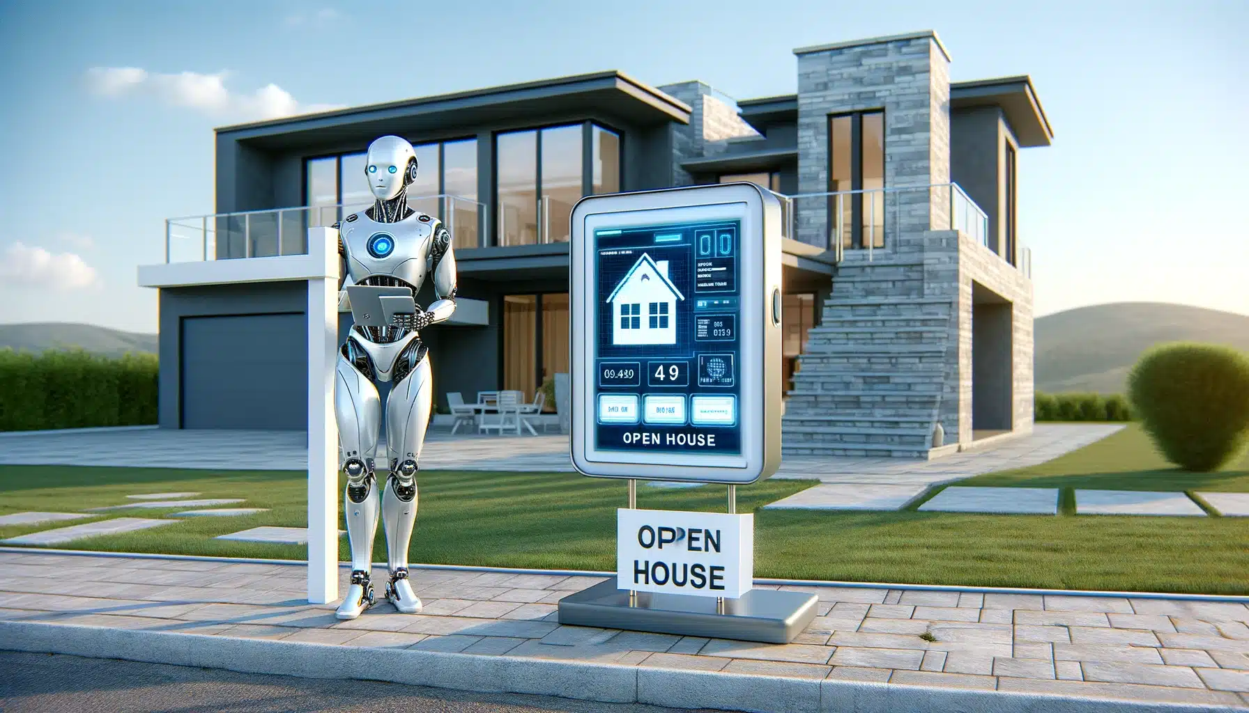 Futuristic robot standing outside a modern luxury house with a 'For Sale' sign