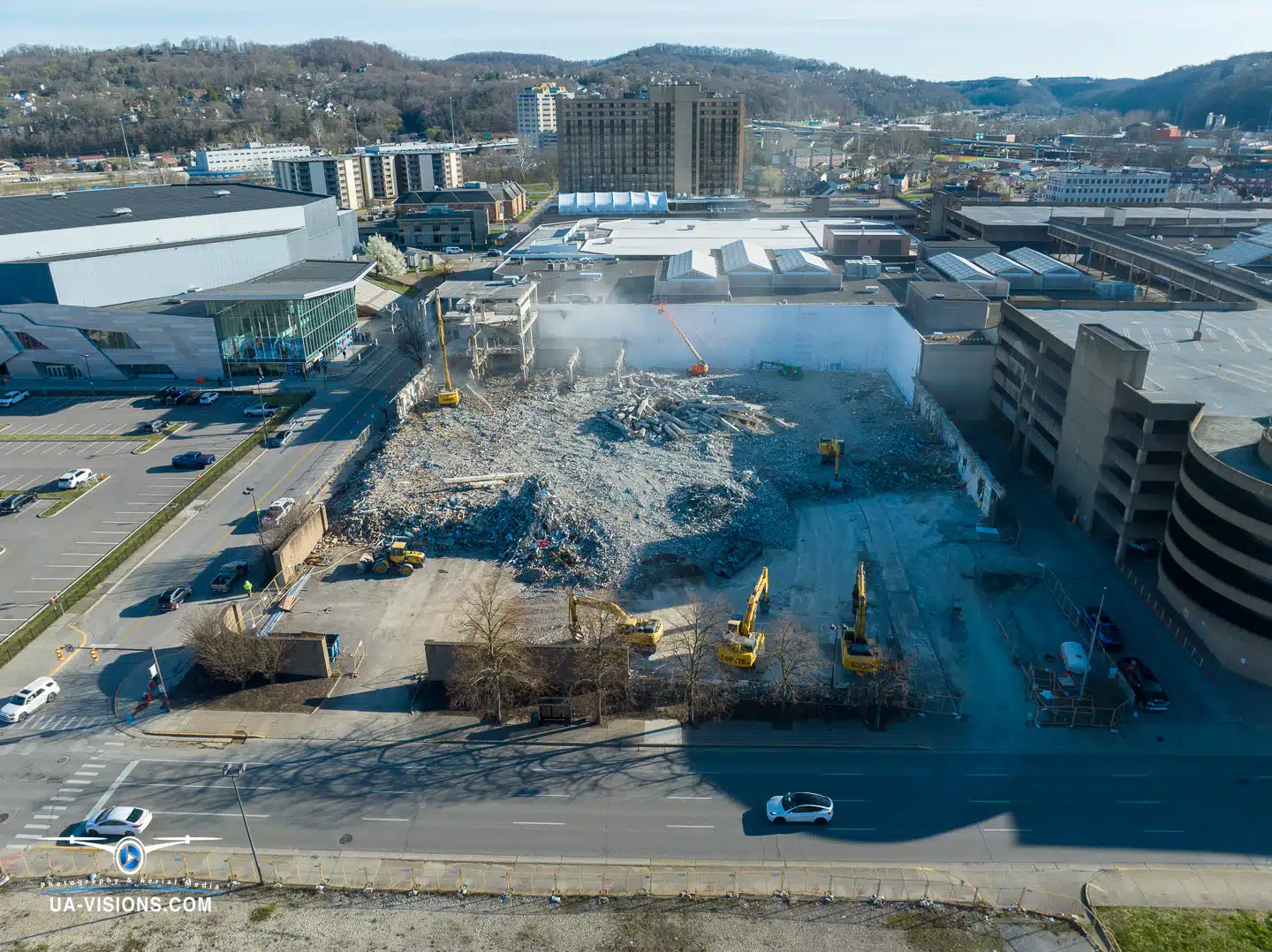 Aerial view of a demolition progression project of the Sears building at the Charleston Town Center Mall captured by UA-Visions