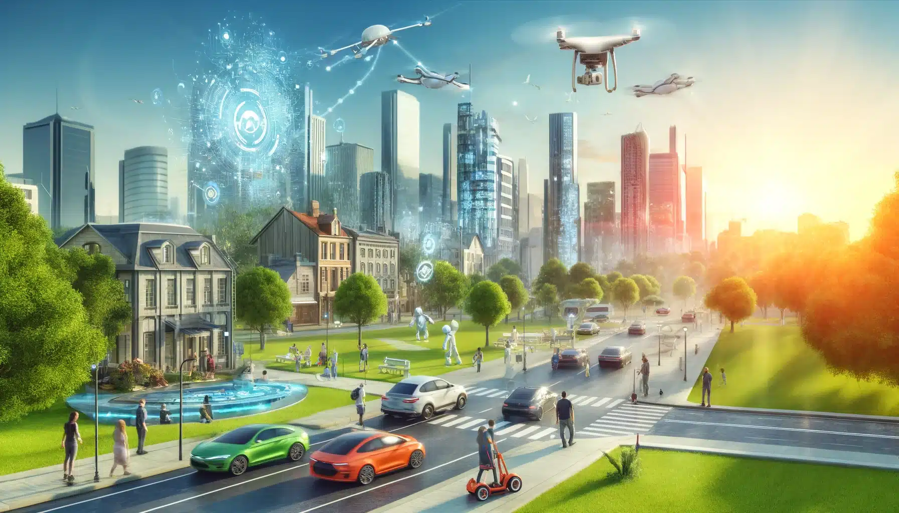 Visualize a cityscape in the future, powered by artificial intelligence. Include autonomous vehicles, smart buildings with interactive facades, drones