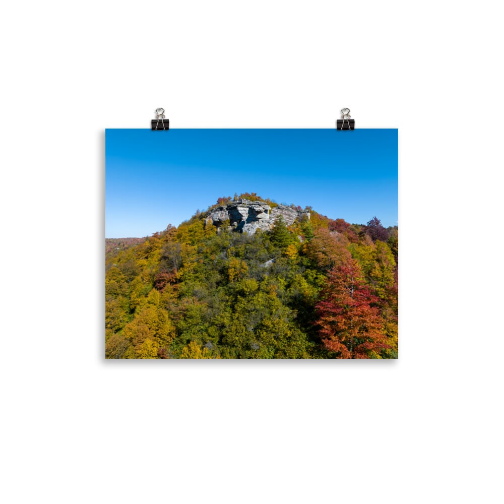 Aerial photograph of Coopers Rock in WV amidst a forest in full autumn colors by UA-Visions.