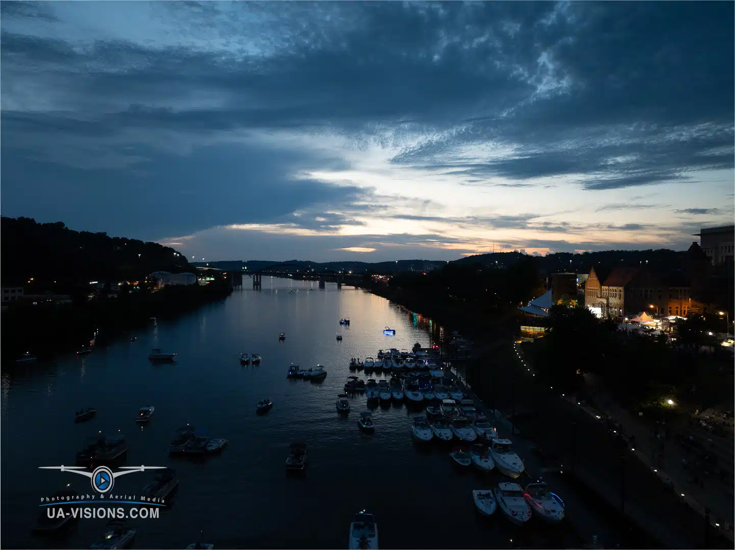 Evening of Lights on the River. Aerial photo of the Charleston Sternwheel Regatta