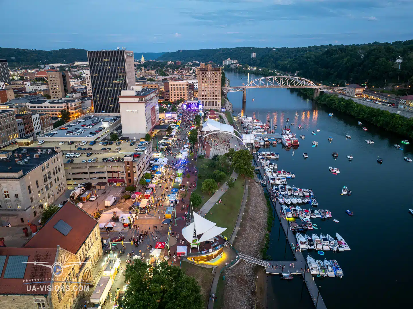Aerial view of the 2024 Charleston Sternwheel Regatta taken by the US-Visions team