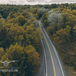 A winding road cutting through the dense, vibrant foliage of Blackwater Forest from an aerial perspective.